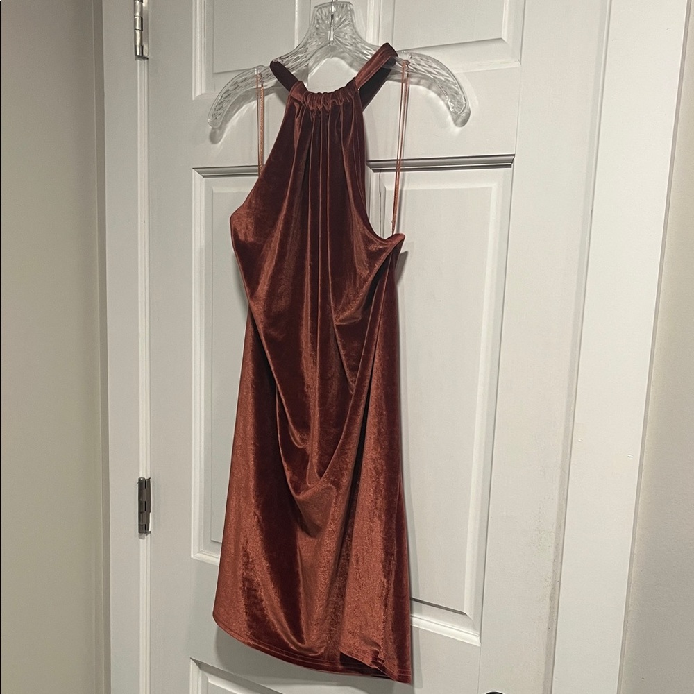 Bishop + Young Velvet Halter Mini Dress in Pink Rust Color Size Medium
